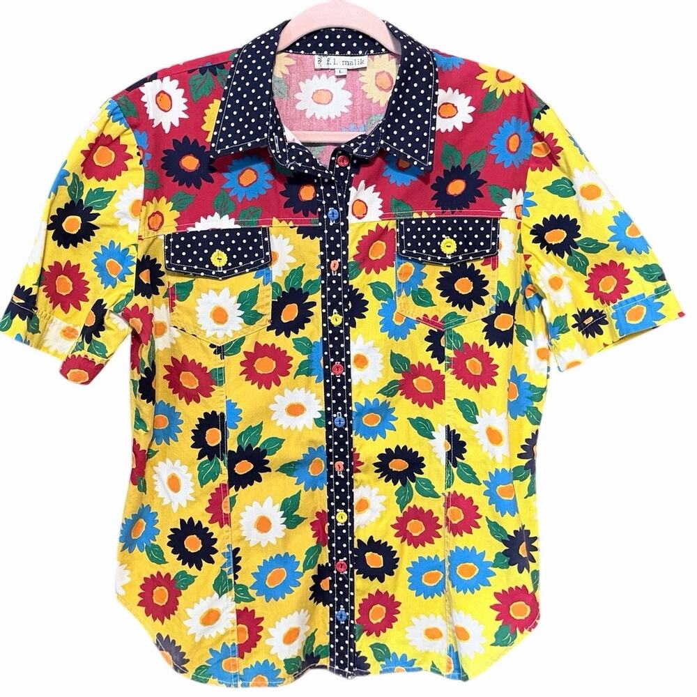 F.L. Malik Flower power colorblock Button Up Shirt Polka Dot Size Large artsy